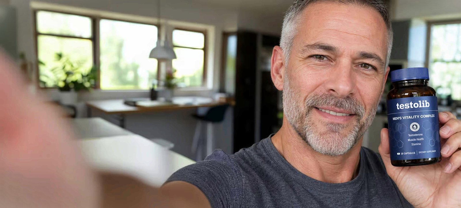 Man holding Testolib bottle in a bright home setting
